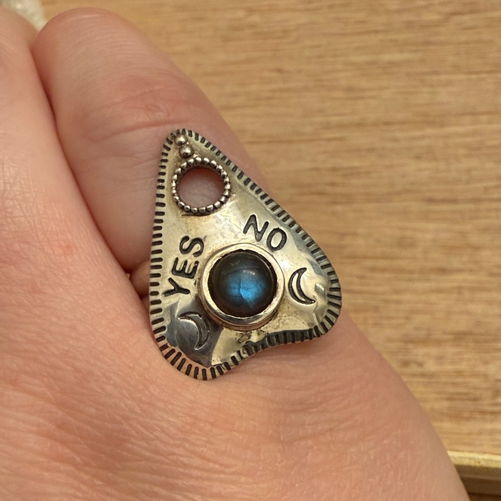 Mystical Spooky Silver and Labradorite Ouija Planchette Ring